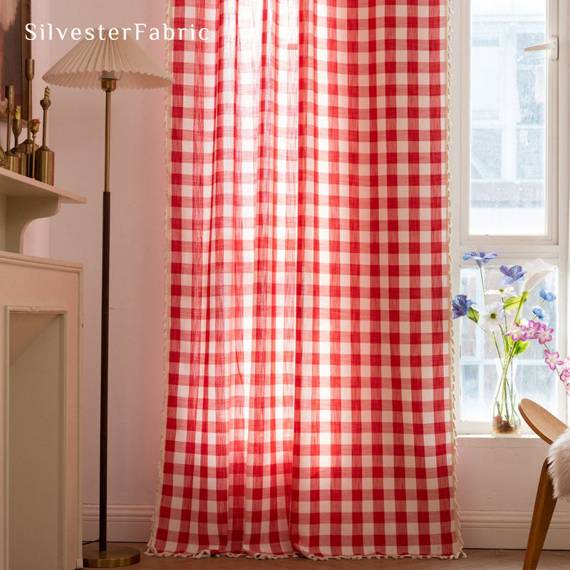 Close‑up of Red Plaid Curtain corner
