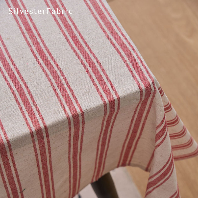 red striped farmhouse tablecloth edge stitching detail