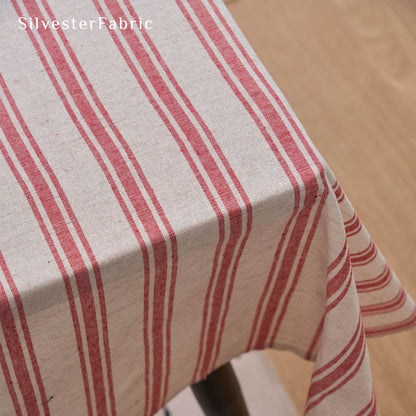 red striped farmhouse tablecloth edge stitching detail