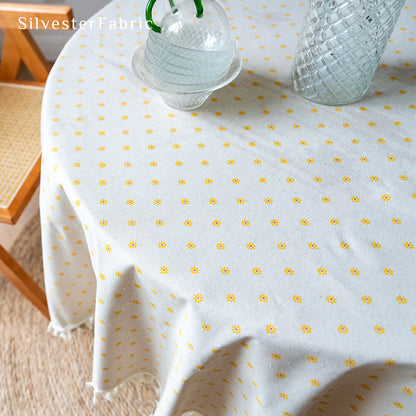 Yellow Floral White Round Tablecloth