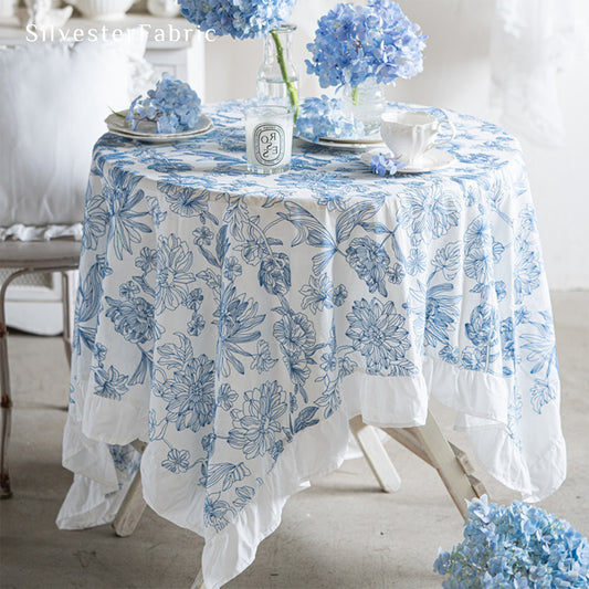 French Blue Floral Embroidered Cotton Rectangle Wedding Tablecloths
