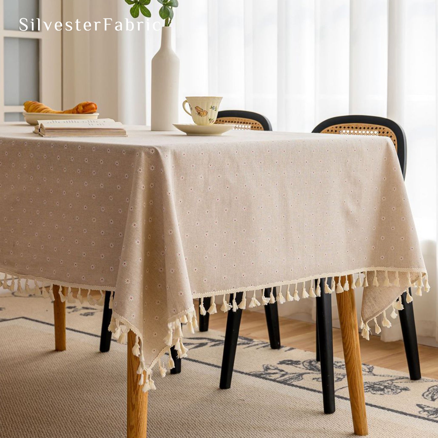 White Floral Linen Tablecloth丨Spring Decor - Silvester Fabric