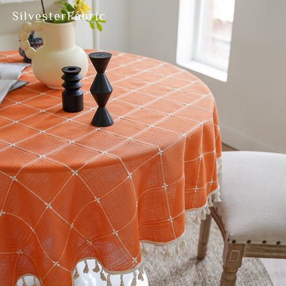 Fall French Plaid Embroidered Round Vintage Rectangle Tablecloths