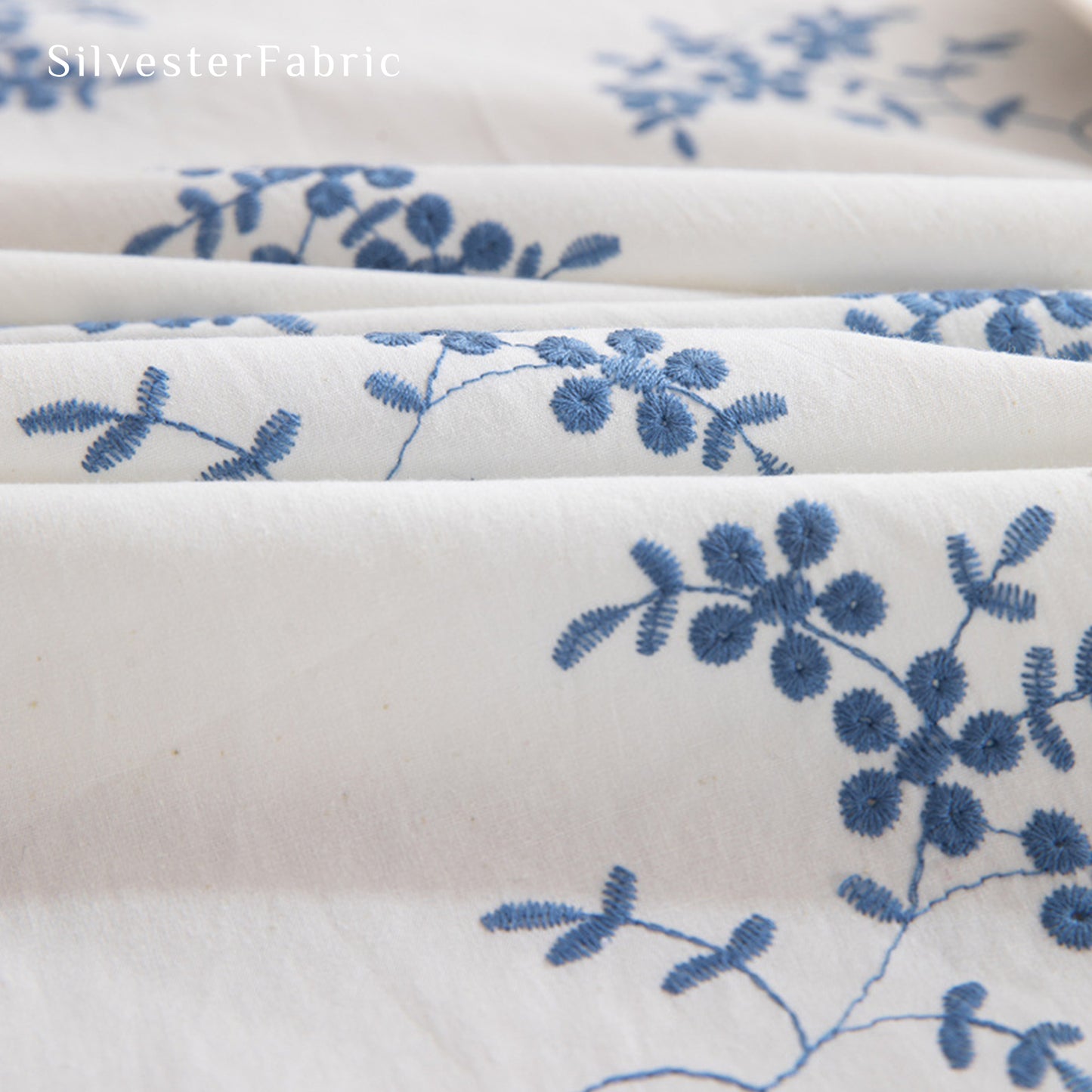 French Blue Floral Embroidered Cotton Vintage Rectangle Tablecloths