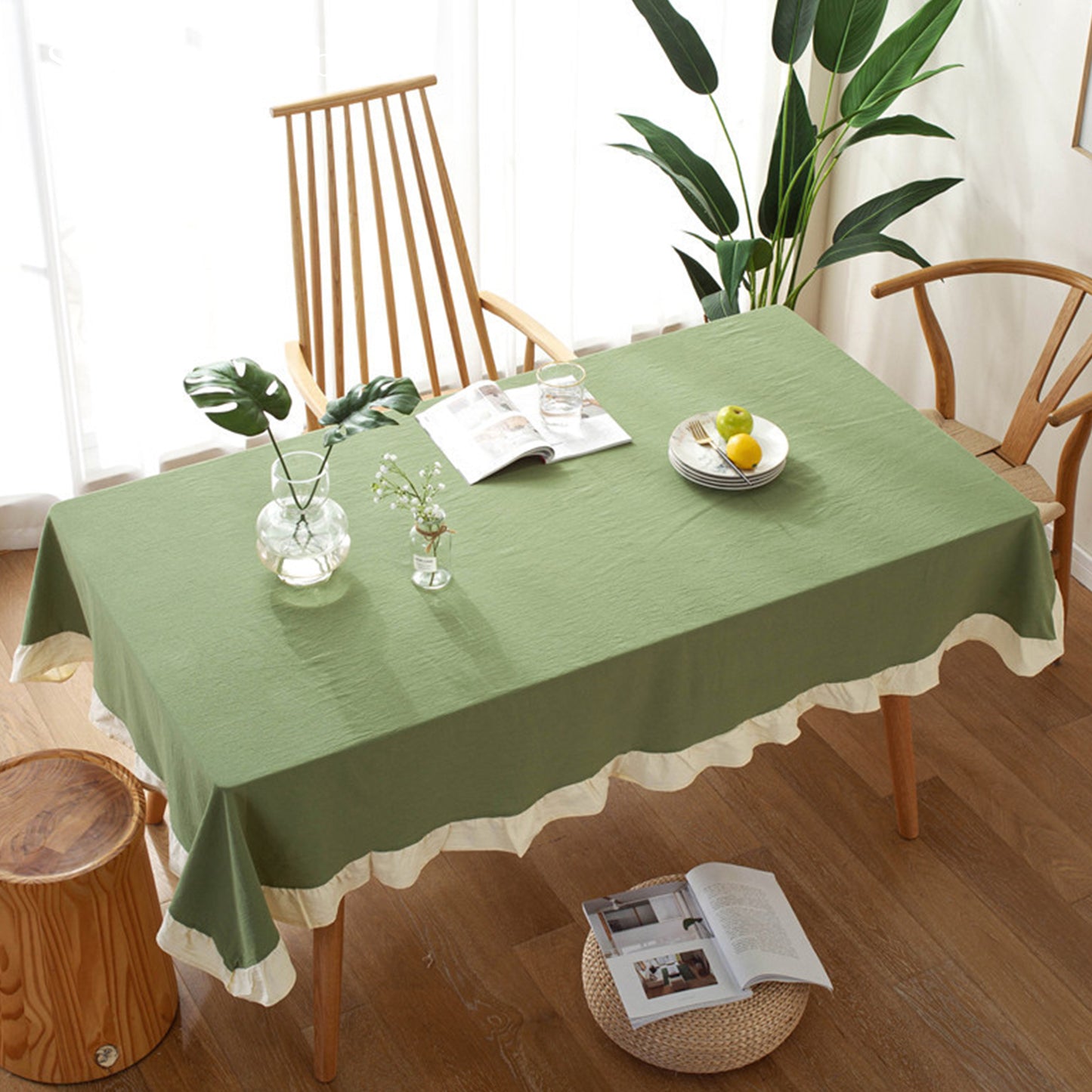 French Green Cotton Rectangle Vintage Natural Ruffles Long Tablecloths