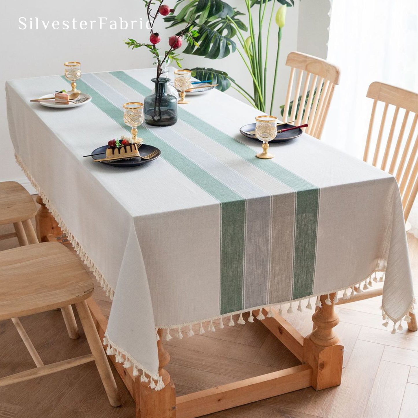 Green Striped Embroidered Line Polyester Outdoor Rectangle Tablecloths