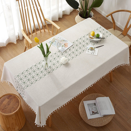 Vintage Embroidered Geometric Rectangle Linen Outdoor Tablecloths
