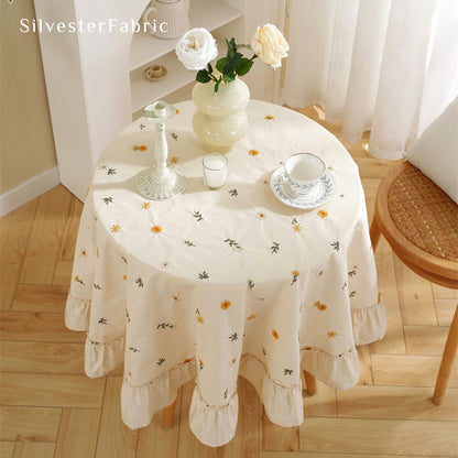 French Daisy Embroidered Cotton Round Rectangle Floral Tablecloths