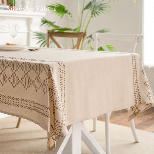 Geometric Pattern Embroidered Linen Vintage Rectangle Tablecloths