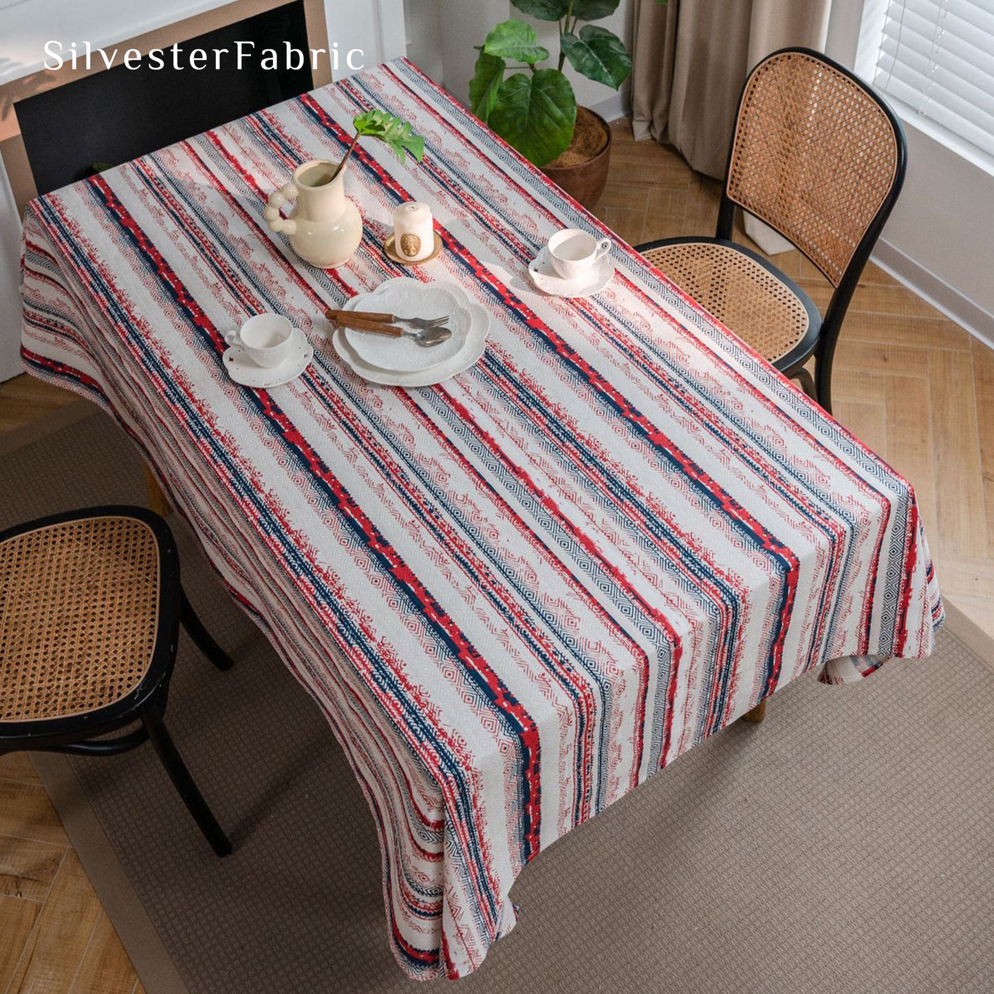 Geometric Stripe Pattern Vintage French Polyester Rectangle Tablecloth