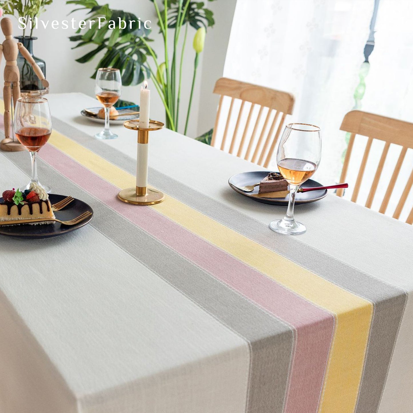 Pink Yellow Striped Embroidered Line Rectangle Polyester Outdoor Tablecloths