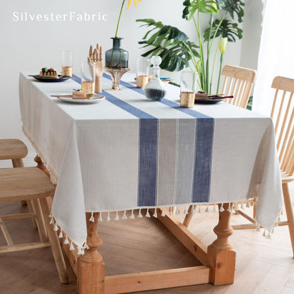 Blue Striped Embroidered Line Polyester Rectangle Outdoor Tablecloths