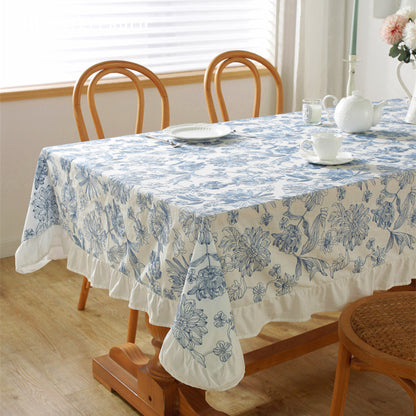 French Blue Floral Embroidered Cotton Rectangle Wedding Tablecloths