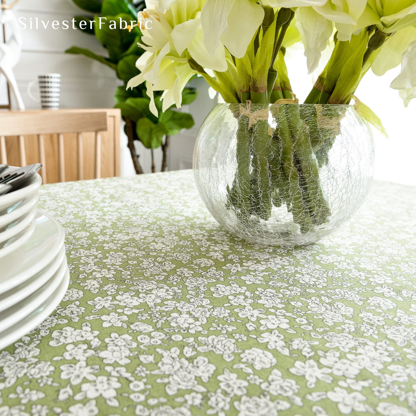 Green French Country Floral Linen Vintage Rectangle Tablecloths
