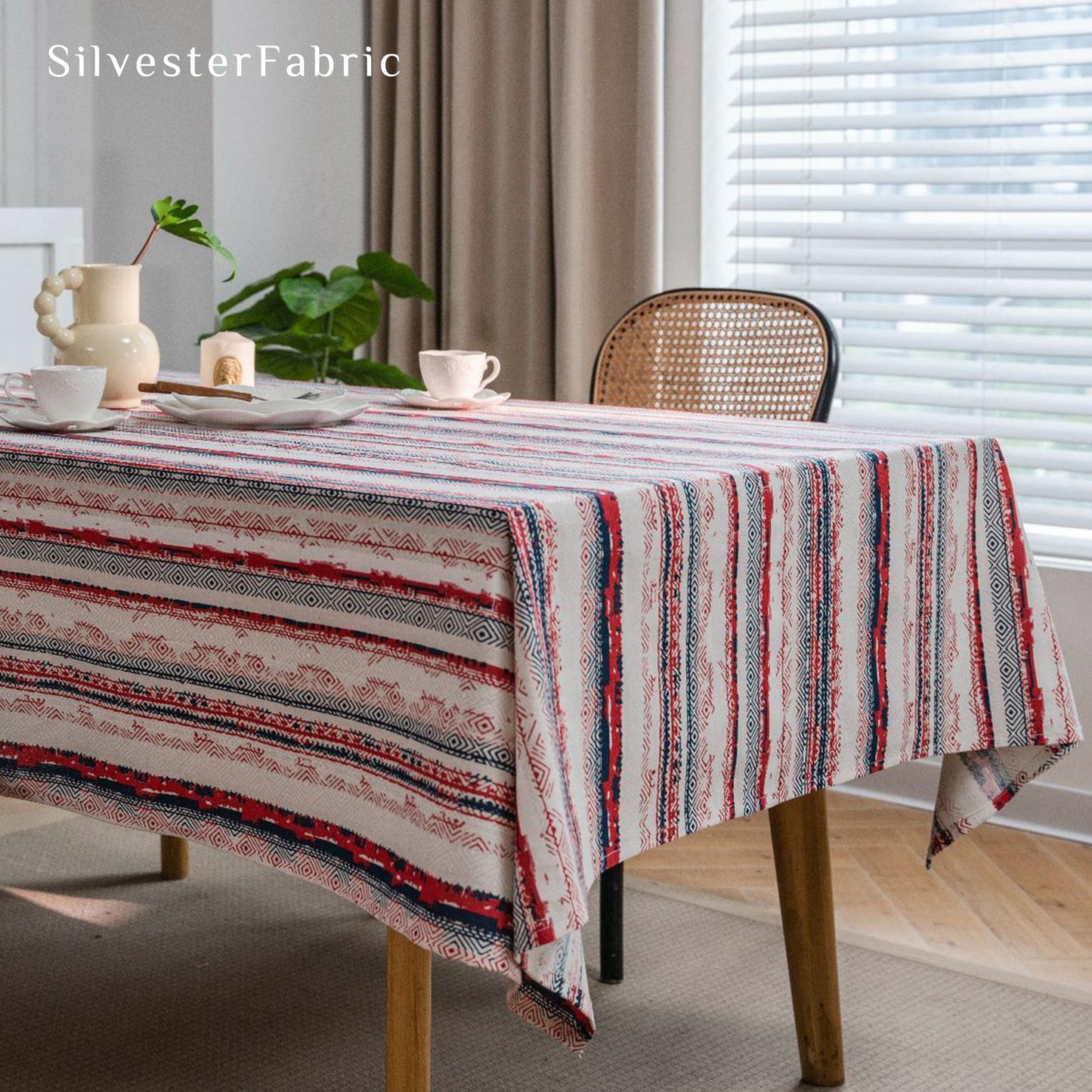 Geometric Stripe Pattern Vintage French Polyester Rectangle Tablecloth
