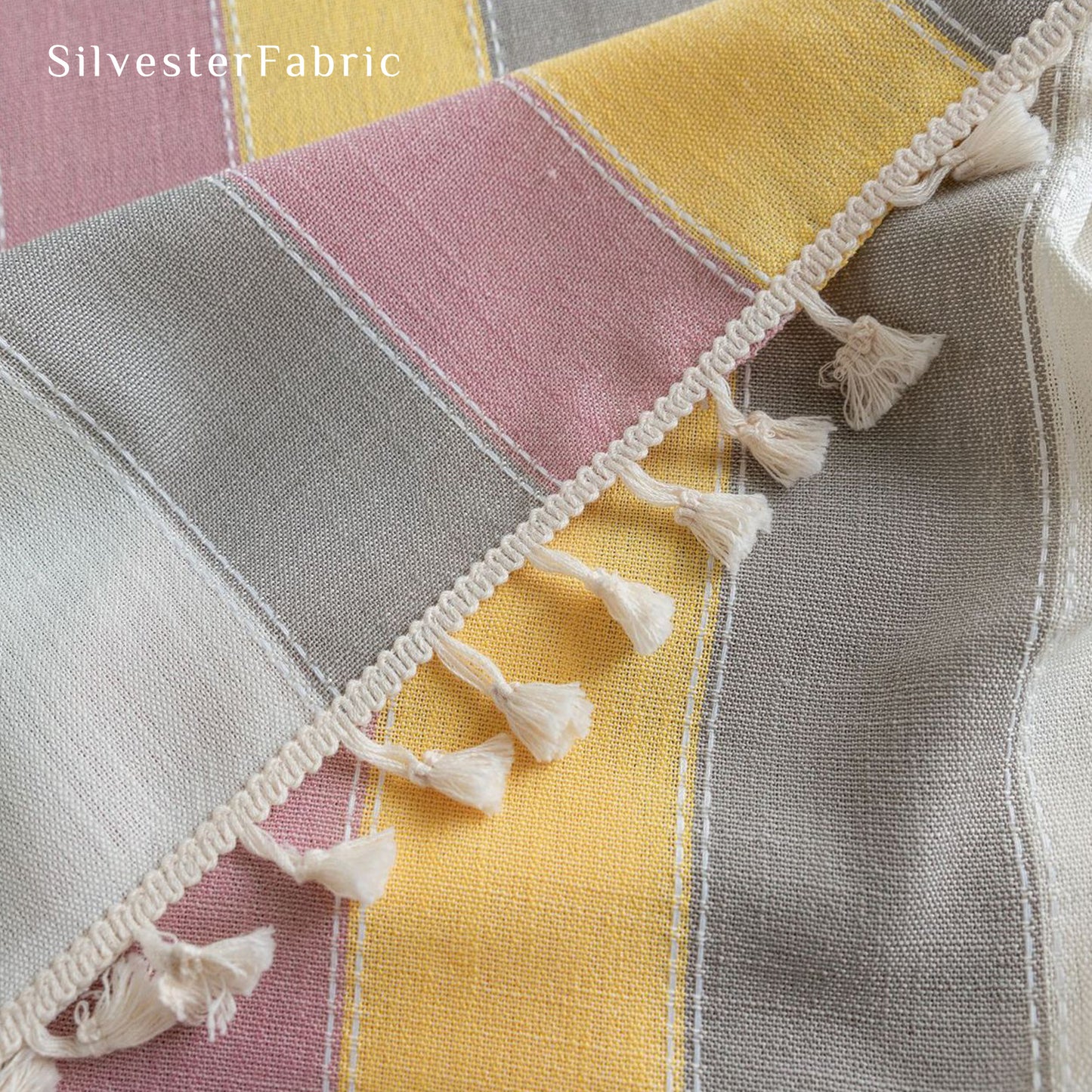 Pink Yellow Striped Embroidered Line Rectangle Polyester Outdoor Tablecloths