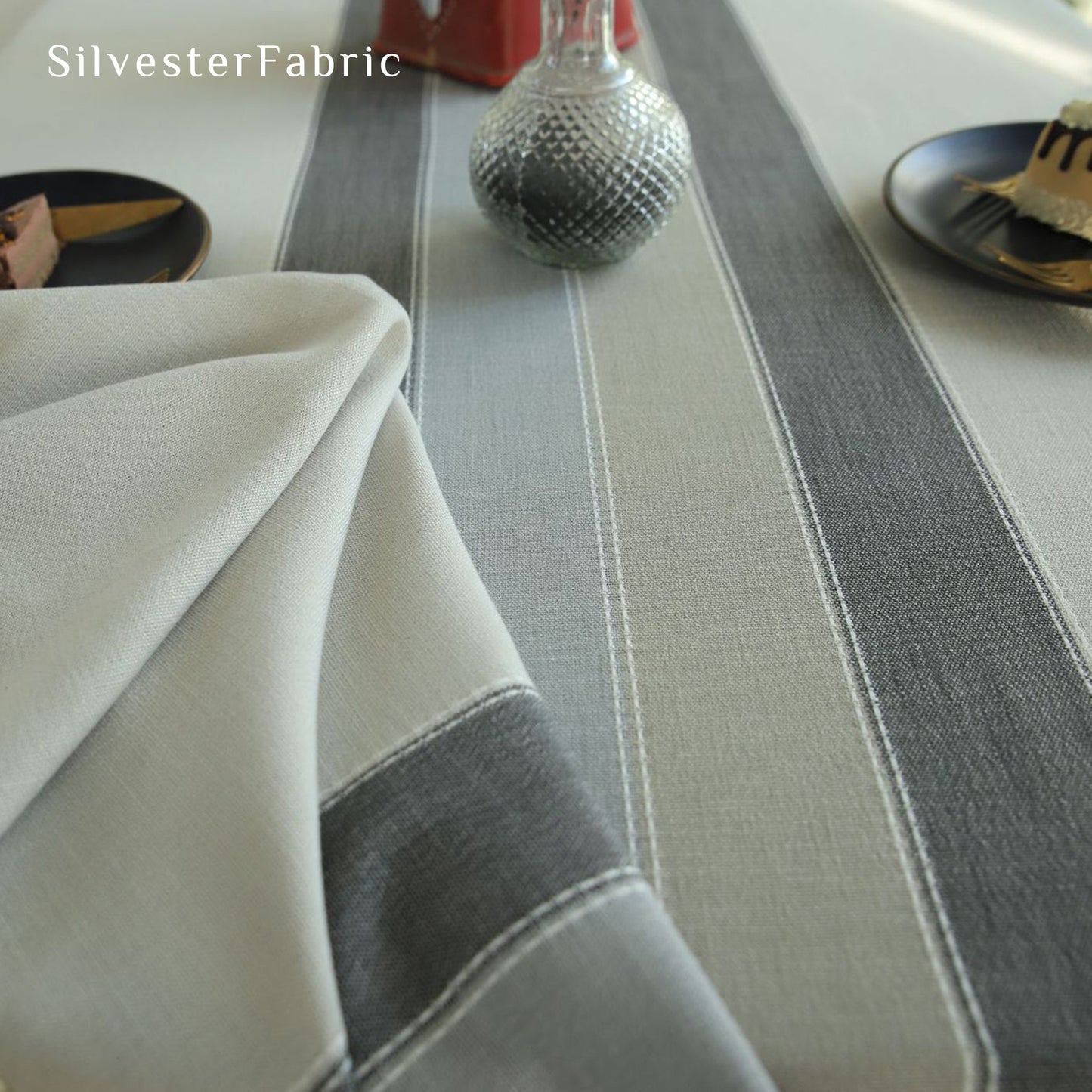 Gray Striped Embroidered Line Polyester Rectangle Outdoor Tablecloths