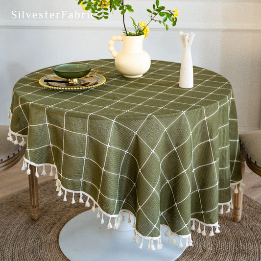 Green French Plaid Embroidered Round Vintage Rectangle Tablecloths