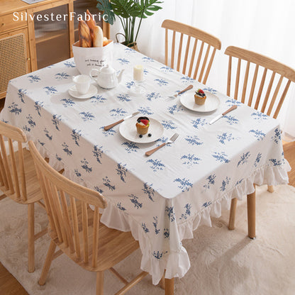 French Blue Floral Embroidered Cotton Vintage Rectangle Tablecloths