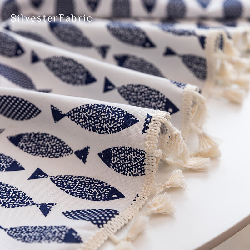 Blue Fish Printed Linen Tablecloth