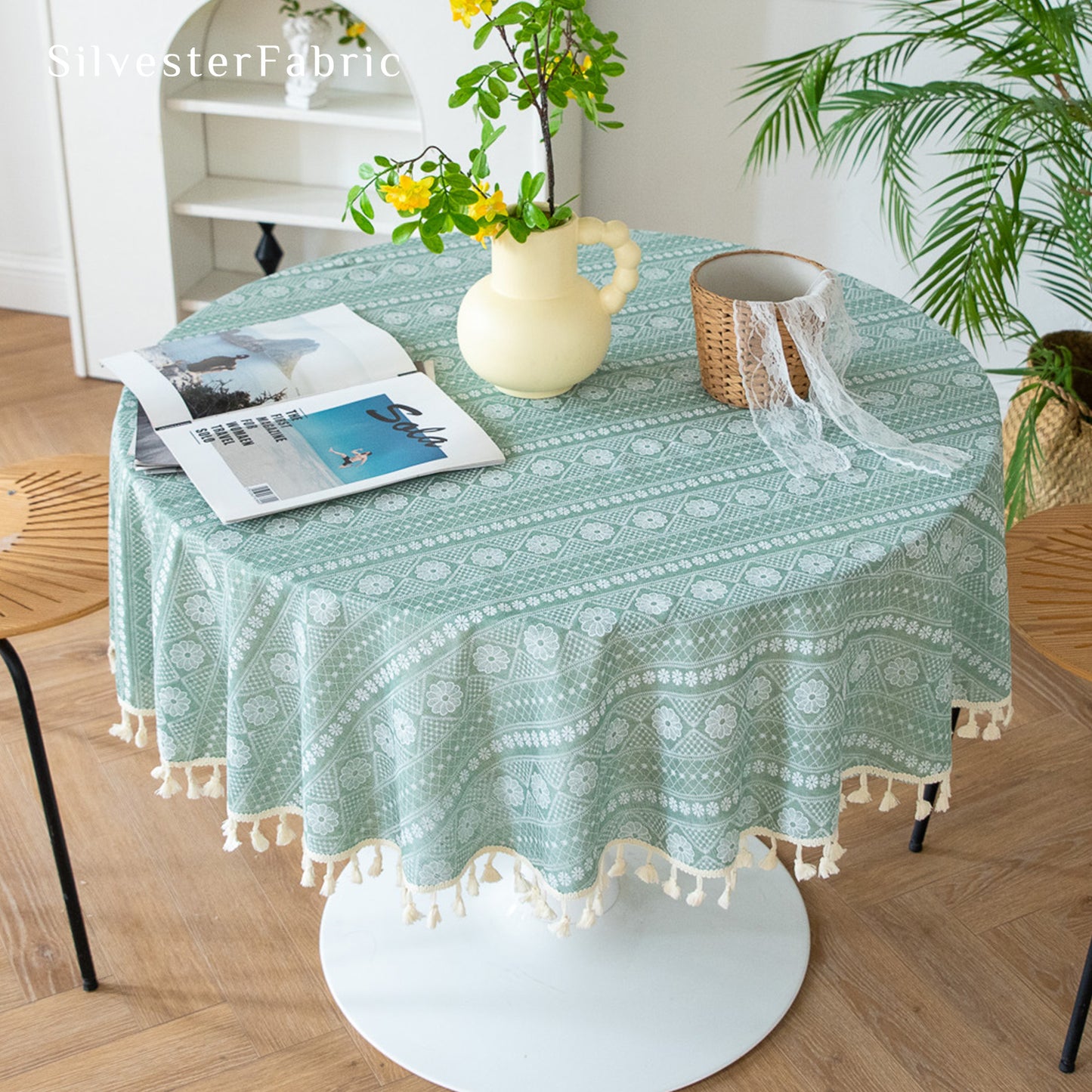 French Green Embroidered Floral Vintage Rectangle Tablecloths