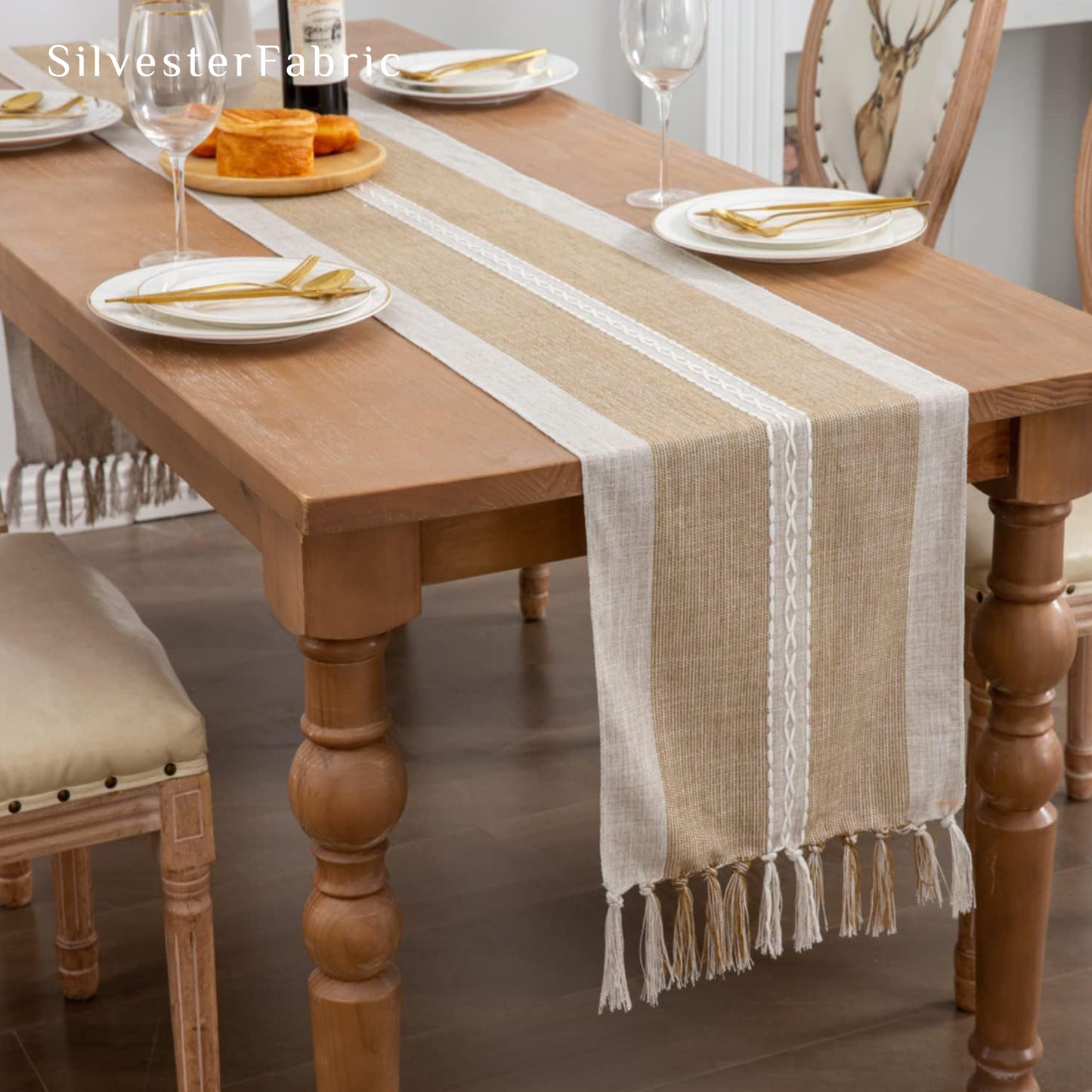 Grey Striped Embroidery Vintage Outdoor Polyester Long Table Runners