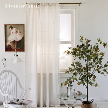 white plaid farmhouse curtain hanging in window
