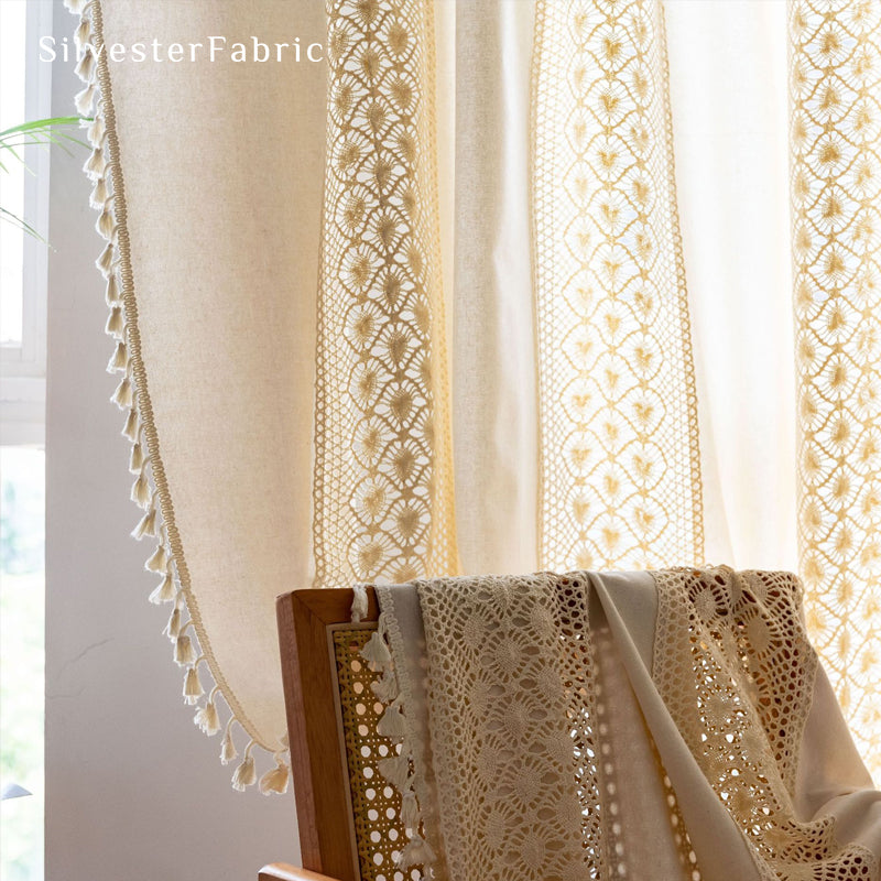 white crochet farmhouse curtain fabric texture