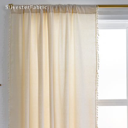 white farmhouse tassel curtain fabric texture