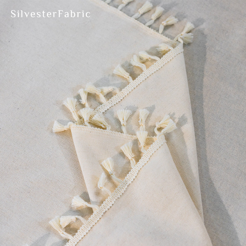 tassel trim on white farmhouse tassel curtain panel