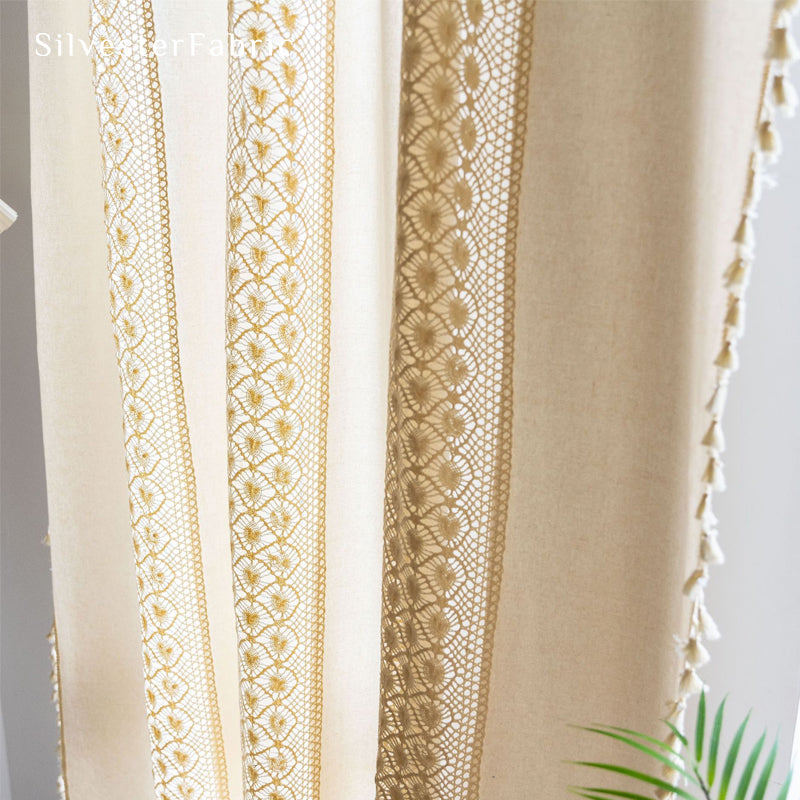 white crochet farmhouse curtain drape and fold detail