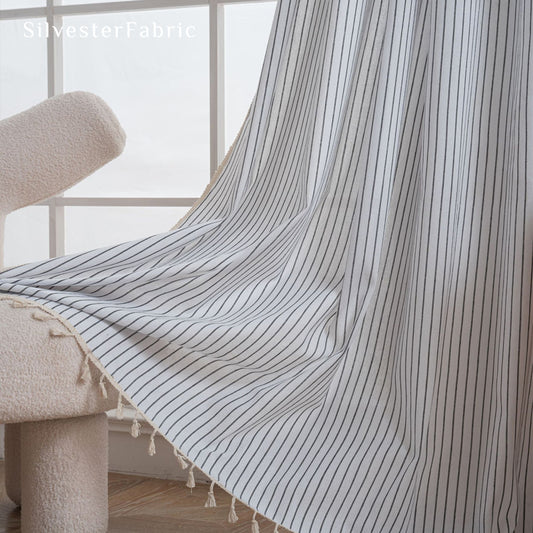 Close‑up of White Farmhouse Striped Curtain corner