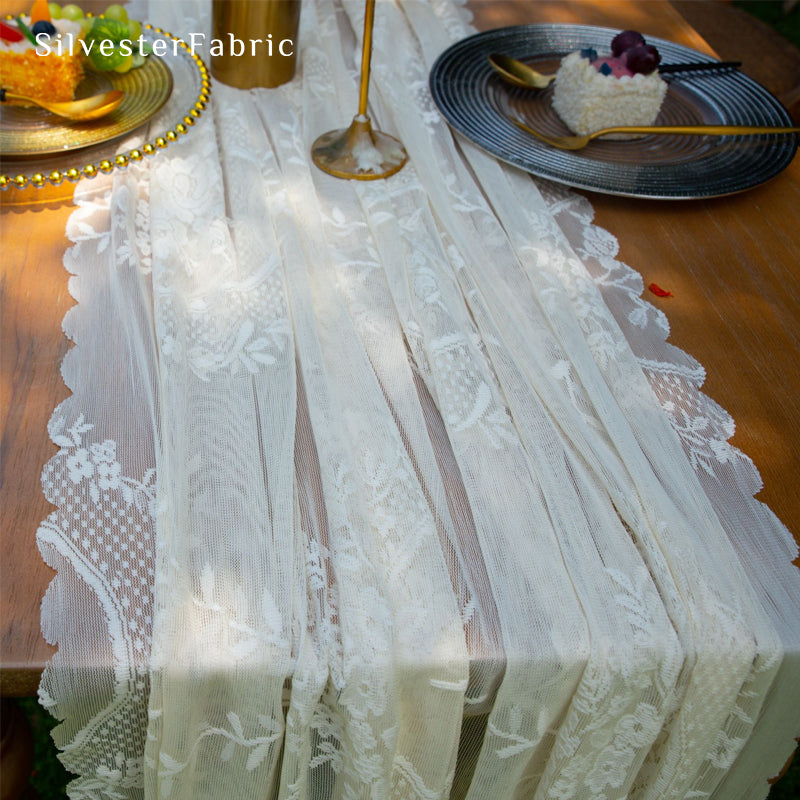 white lace table runner fabric close-up