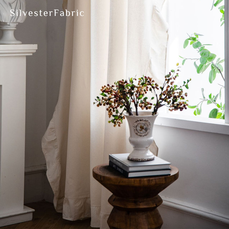 Ruffle trim on white french cotton curtain panel
