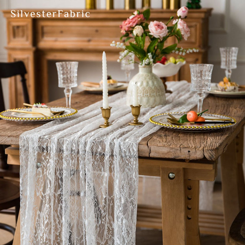 white floral lace table runner edge stitching detail