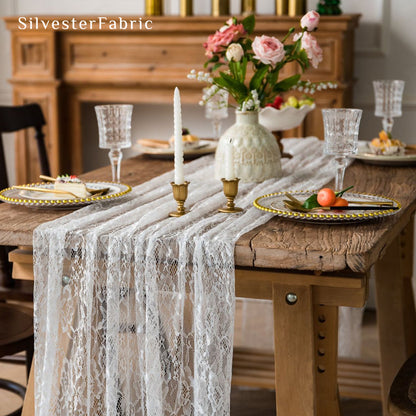 white floral lace table runner edge stitching detail