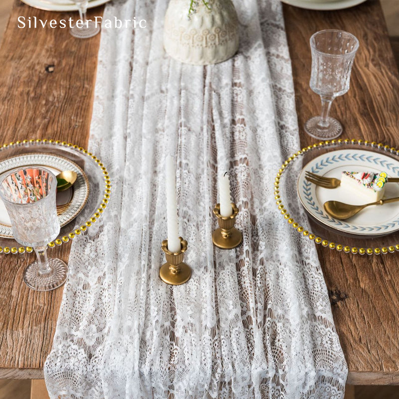 white lace table runner edge stitching detail