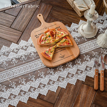 French lace table runner edge stitching detail