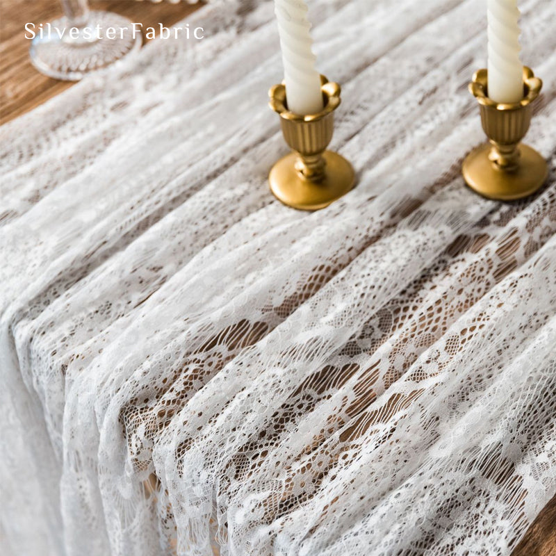 white lace table runner fabric close-up