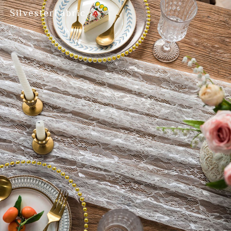 white floral lace table runner fabric close-up