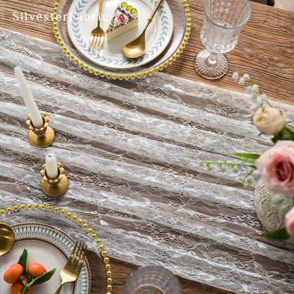 white floral lace table runner fabric close-up