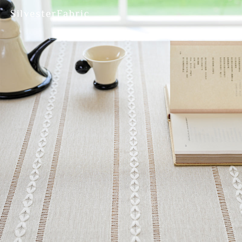 white striped farmhouse tablecloth fabric close-up