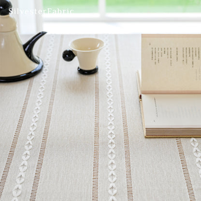 white striped farmhouse tablecloth fabric close-up