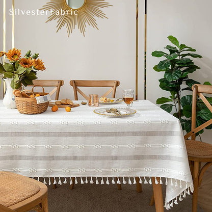 white embroidered striped tablecloth for everyday dining