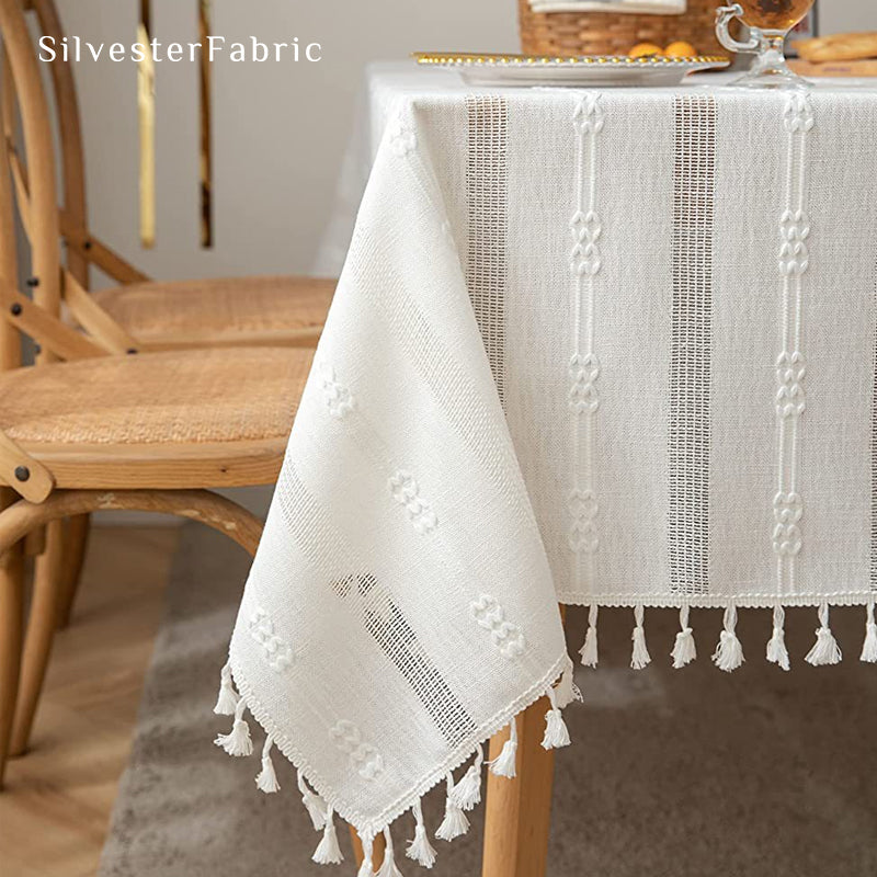 white embroidered striped tablecloth edge stitching detail