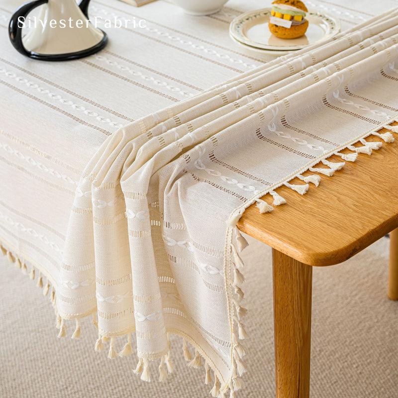 white striped farmhouse tablecloth edge stitching detail