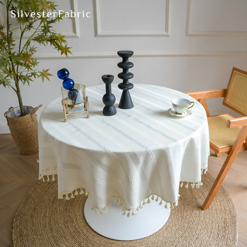 white embroidered striped tablecloth for holiday table setting