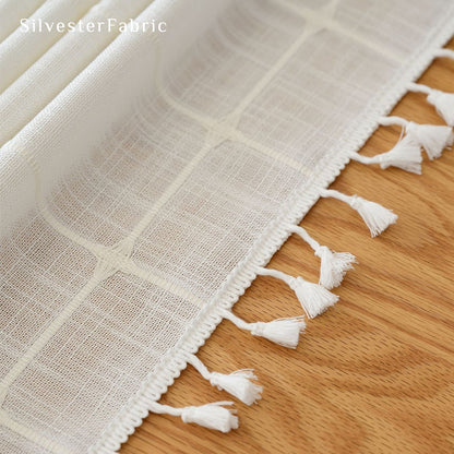 white plaid farmhouse tablecloth fabric close-up