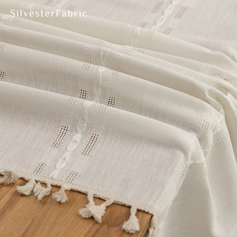 white farmhouse rectangle tablecloth fabric close-up