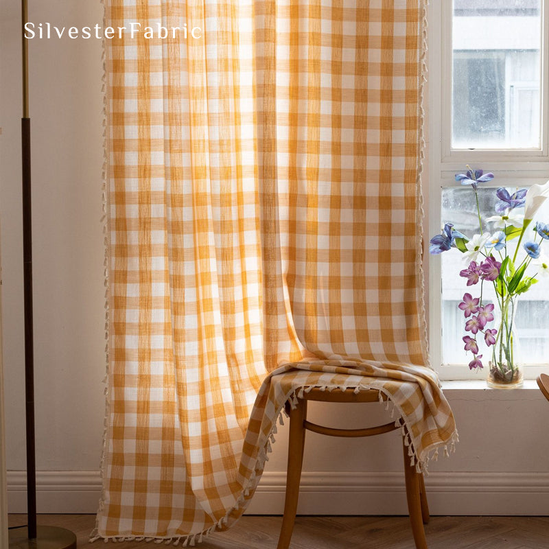 Close‑up of Orange Plaid Curtain corner